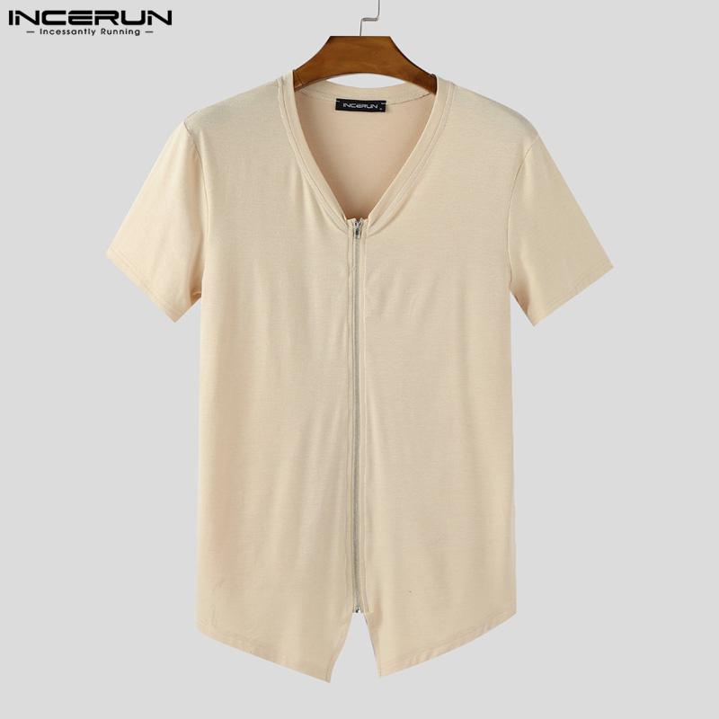 INCERUN T-shirts Homme Col V Zippé Manches Courtes Irrégulier Casual Ajusté