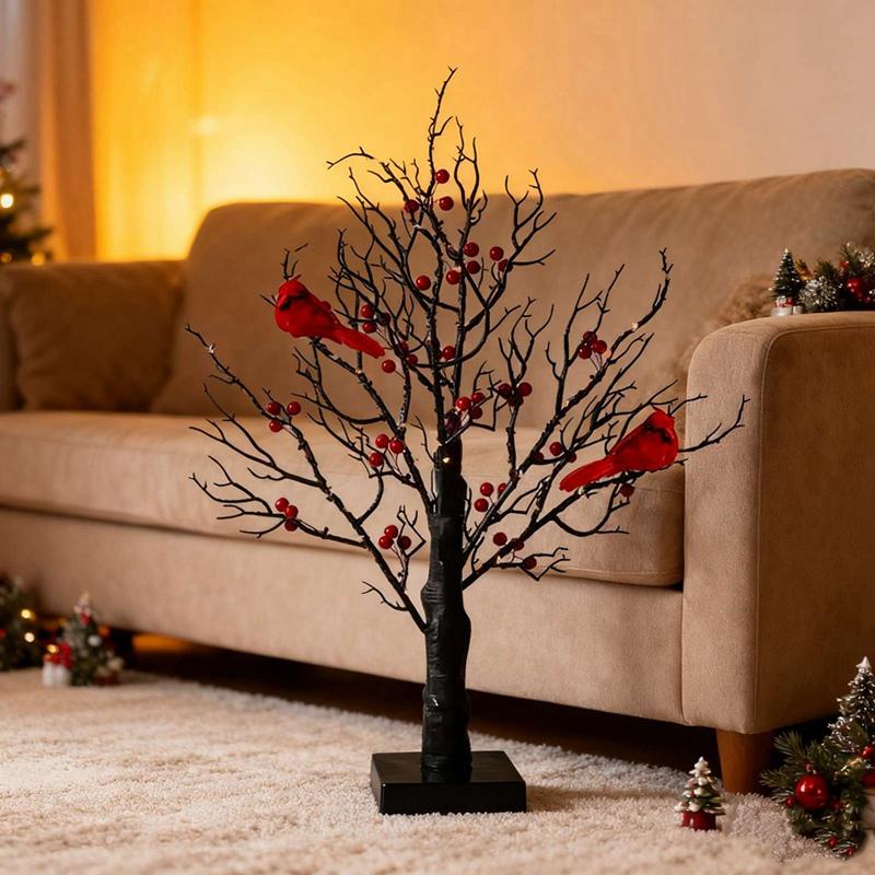 Plastic LED Christmas Tree With Two Birds Warm Light Simulation Birch Christmas Tree Table Decoration