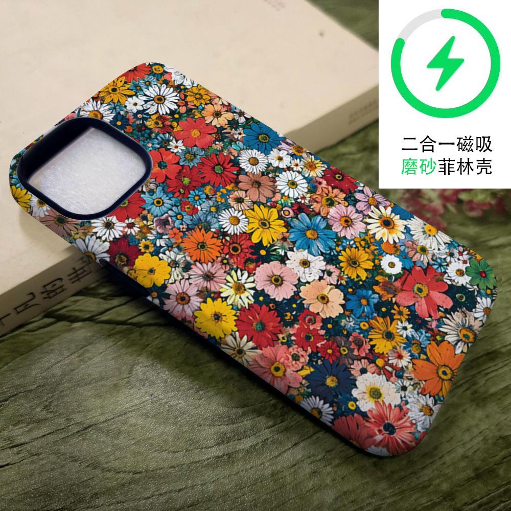 Retro oil painting flower mobile phone case iPhone16 anti-drop two-in-one film Apple mobile phone case 17promax