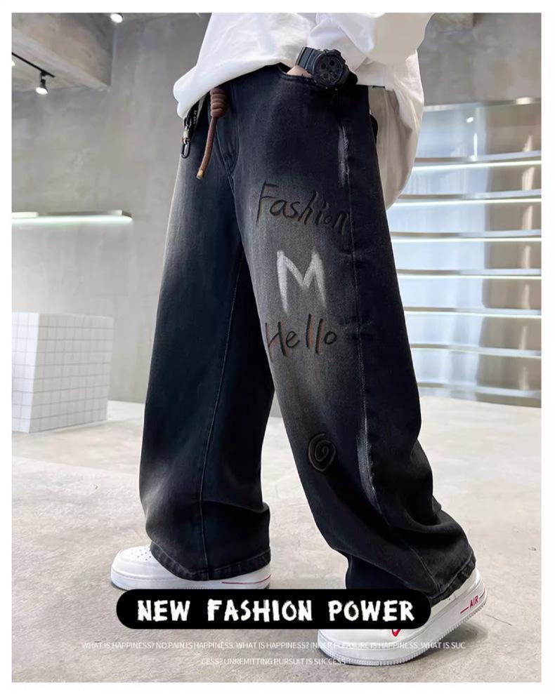 Boys' 2025 Autumn Jeans: Fashionable Wide-Leg Pants for Middle and Big Kids