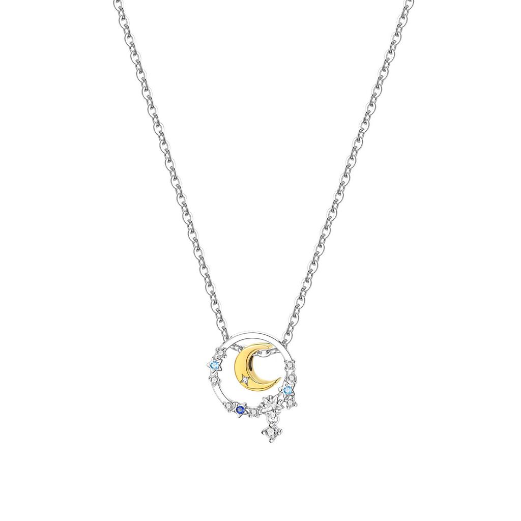 S925 Silver Fashion Star Moon Double Chain Drop Pendant Moon Octagram Zircon Fringe Necklace