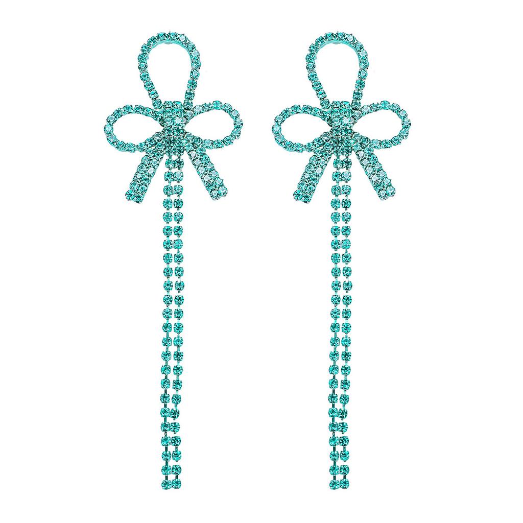 Blue Crystal Long Tassel Bow Earrings