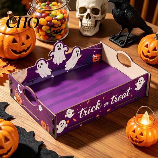Holiday Home Decoration Halloween Witch Decorative Wood Serving Tray with Handle, Ghost Pumpkin Castle Table Decor Trick or Treat Dessert for