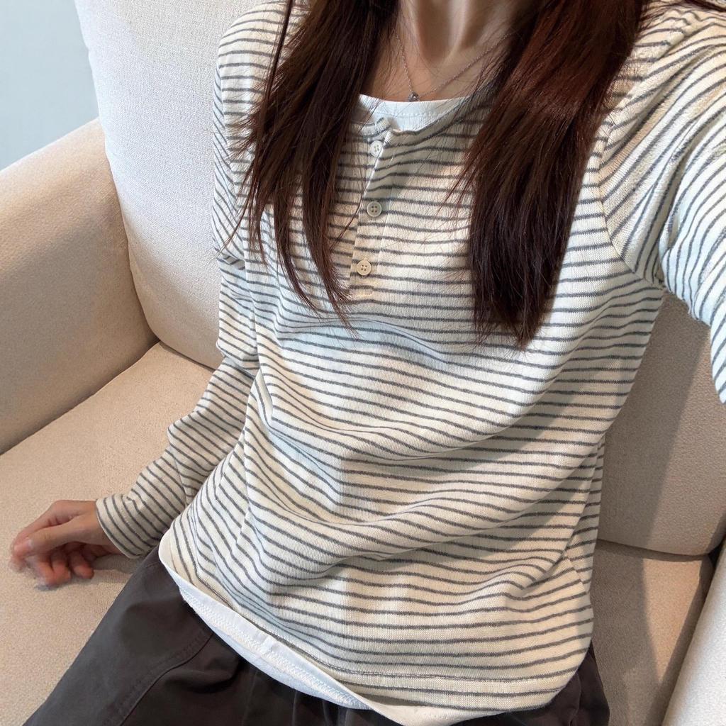 Korean Retro Striped Two-Piece Shoulder T-Shirt - Women’s Early Autumn Loose Fit
