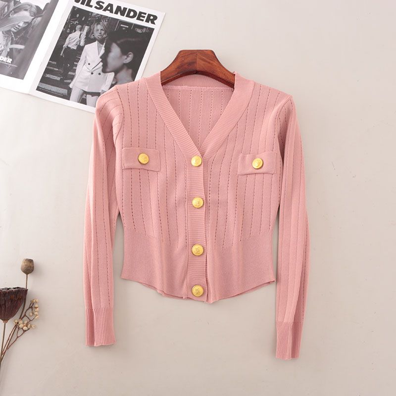 Classic Style V-neck Single Breasted Knitting Cardigan Summer Long-Sleeve Outer Match Short Silm Slim Looking Outer Tops