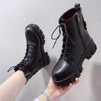 Bottines élégantes à talons moyens pour femmes, chaussures de style punk, bottines de motard en cuir, chaussures courtes de combat imperméables