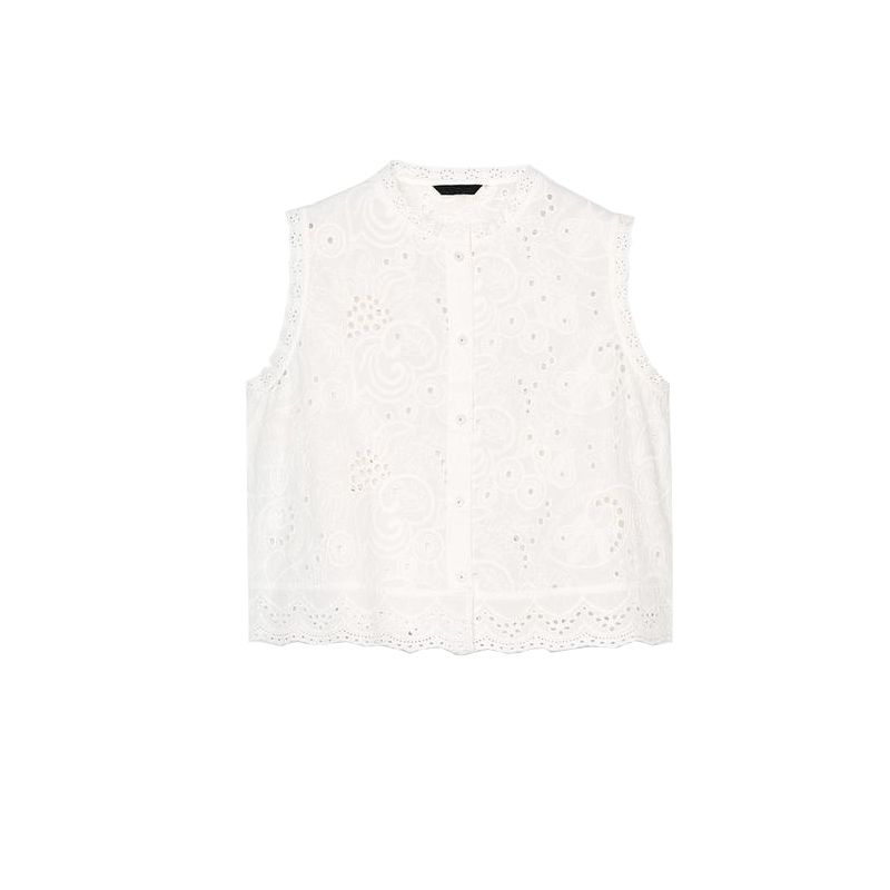 

Summer Women s Clothing French Style Design Single-Breasted Cut Out Embroidered Crew Neck Sleeveless Casual Tops 4387031 White L