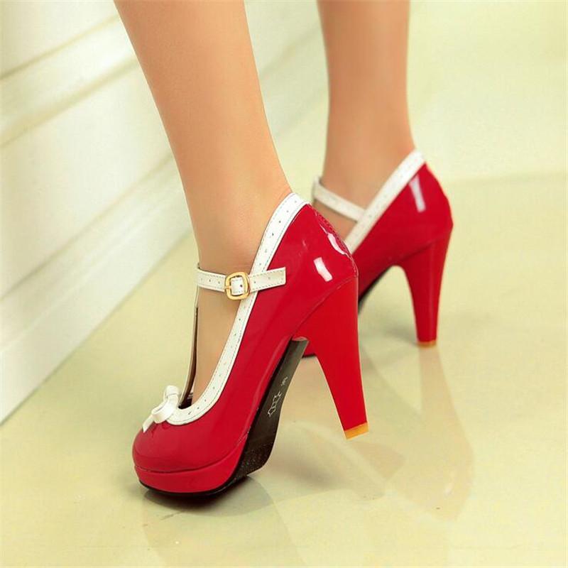 Big Size 32-43 Women Pumps Sweet Bowtie Shoes Patent Leather Chunky Female High Heels Party Wedding Prom Footwear Girls Shoes