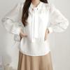 New Arrivals Open Run Long Tie Loose Fit White Modal Shirt Shirring Blouse