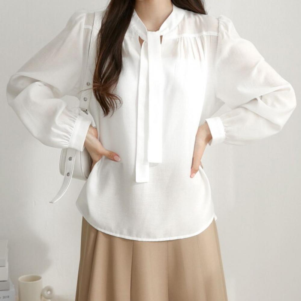 New Arrivals Open Run Long Tie Loose Fit White Modal Shirt Shirring Blouse