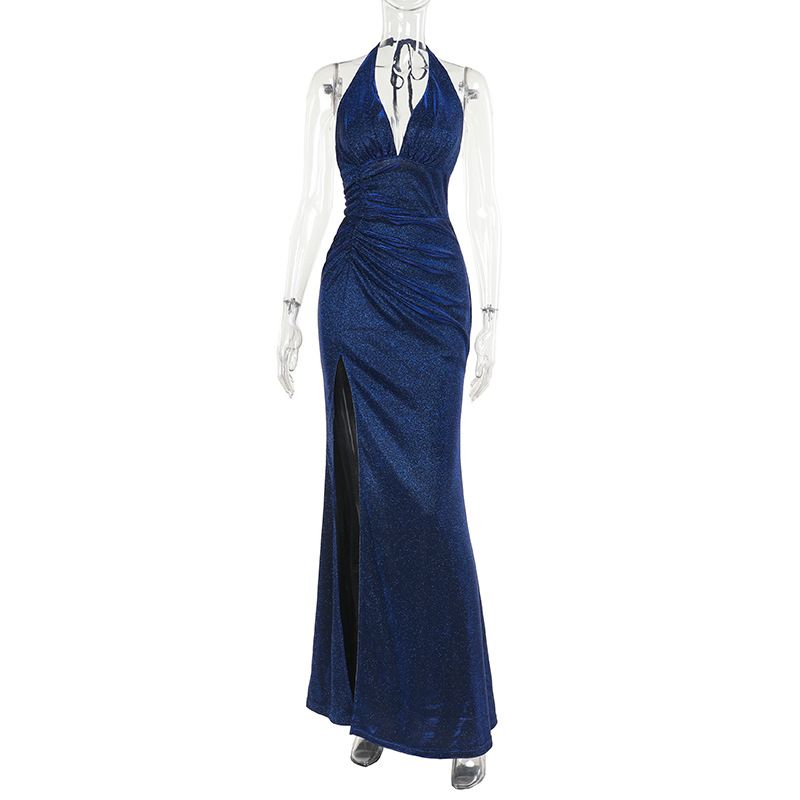 

New Arrival Banquet Slit Skirt Fashion Elegant V-neck Halter Thin and Glittering Shoelace Pleated Slim-Fit High Blue Dress Blue S(Maximum Plus size 310g)