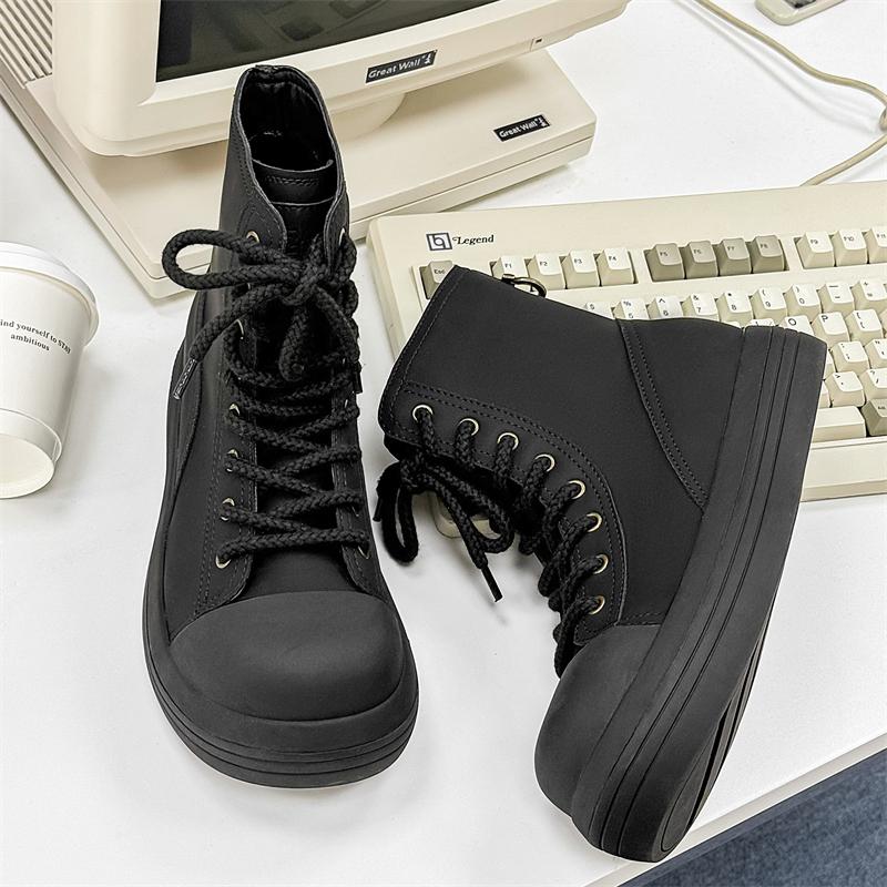 Fashion Versatile Casual Leather Ankle Boots Mens Outdoor Boots Classic Design High Top Man Casual Shoes Lace-up Solid Motorcycle Boots