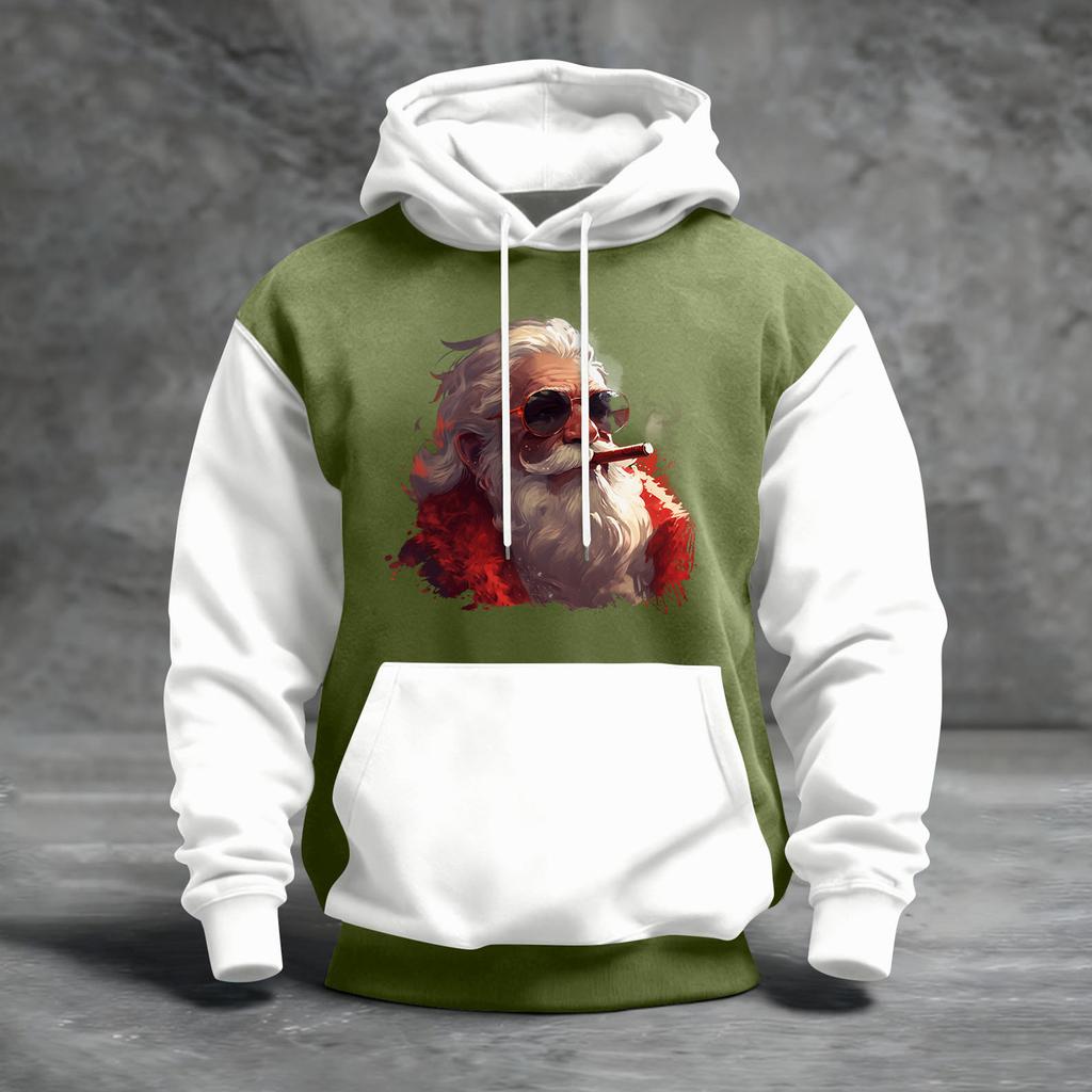 Чоловічий худі з різдвяним принтом, кольоровий блок, повсякденний спортивний комфортний світшот