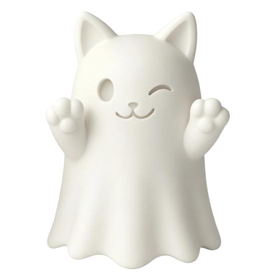 Unique Party Table Decorations 3D Printed Cute Ghost Cat Figurine, Wink Smile Surprise Spooky Halloween Decor, White PLA Craft Molds Blank DIY
