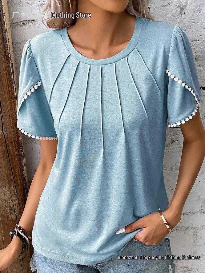 2026 Women's Summer Solid Color Pleated T-Shirt with Lace Short Sleeves