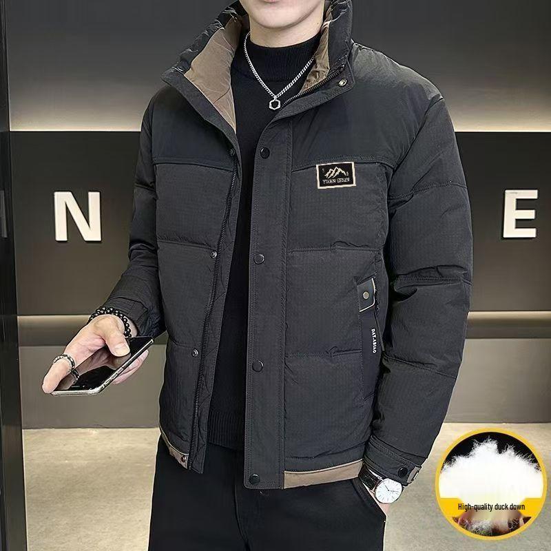 Echte Herren-Winter-Daunenjacke mit Stehkragen, schmaler Passform – Dicke, kurze Oberbekleidung
