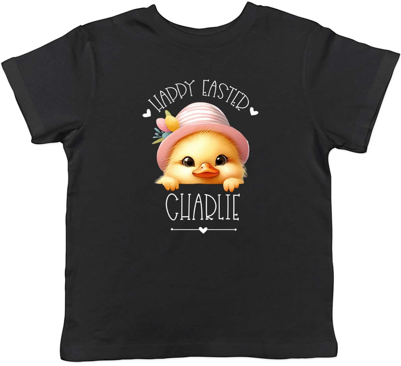 

Personalised Happy Easter Kids T-Shirt Cute Duck with Hat Any Name Childrens Boy 110