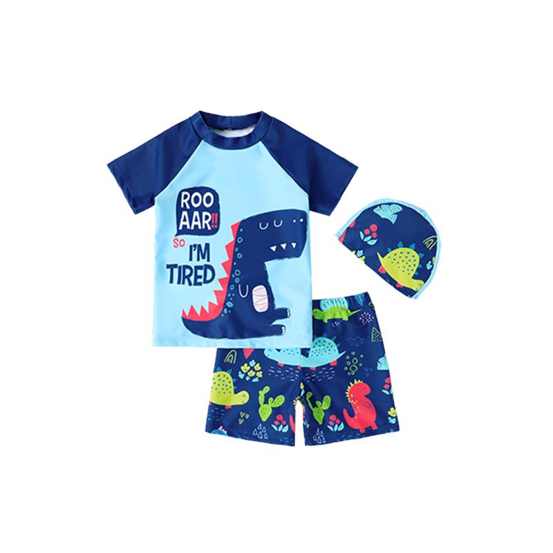 Boys' Dinosaur Print Three-Piece Swimsuit Set (2025) - Short Sleeve