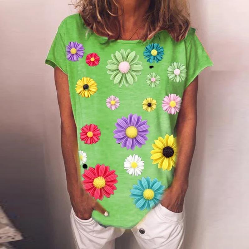 

Женская летняя футболка тренд цветочный принт ретро мода футболки с коротким рукавом повседневные принтованные топы 8XL зелёный