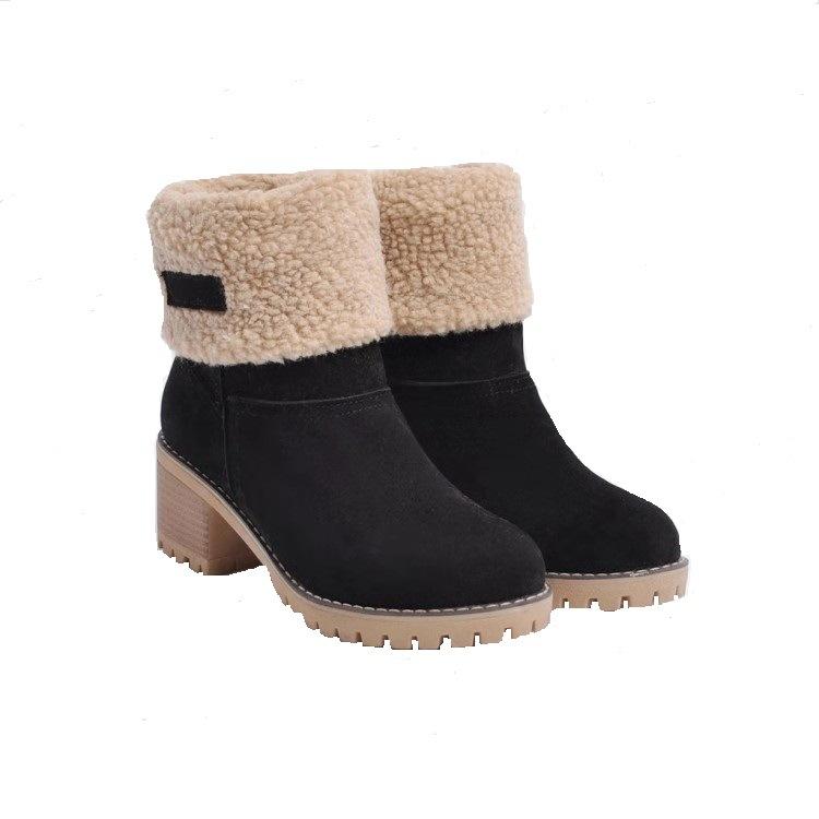 Wish Hot Sale Large Size Martin Boots Women's Coarse Heel Medium Heel Sleeve Medium Boots Lamb Fleece Warm Two Wear Cotton Boots