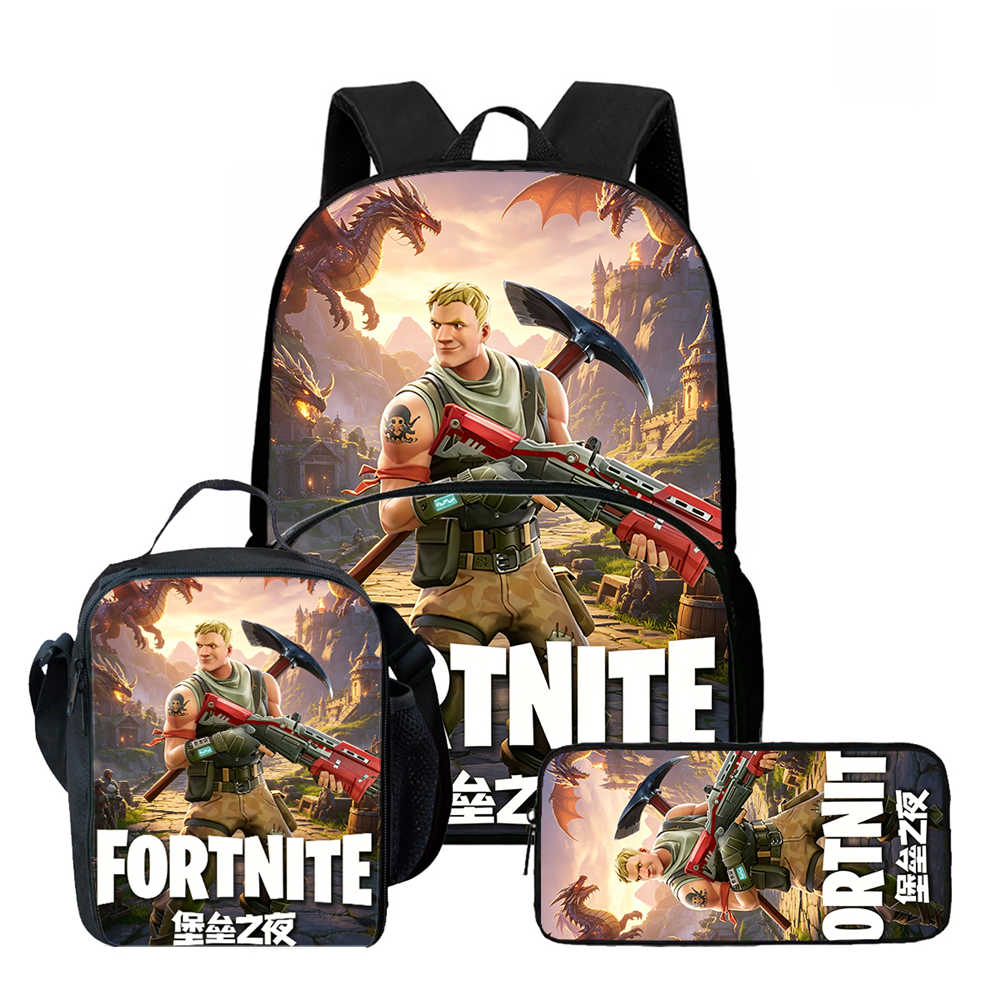 3Pcs Set School Backpack With Front Pocket & Lunch Bag & Pencil Bag,Fortnite Cartoon For Age 6-10,Lightweight For Boys & Girls