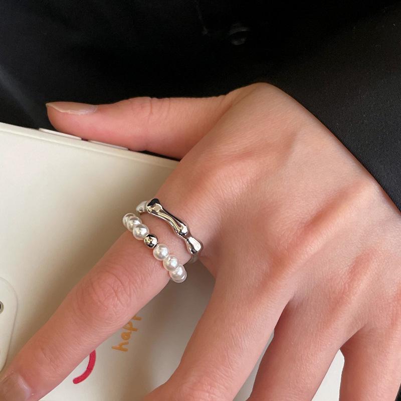 Elegant Double Layer Pearl Tassel Ring - Adjustable Geometric Design for Women