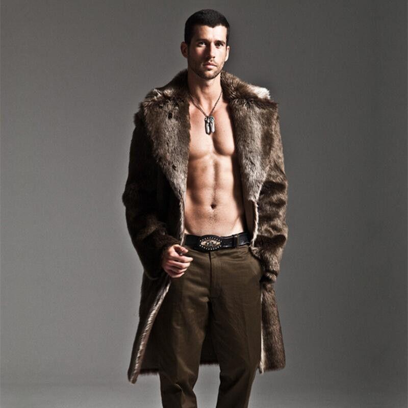 New Men's Mid-length Coat Faux Fox Fur Trim Plus Size Trench Coat Warm and Slim-fit Outerwear