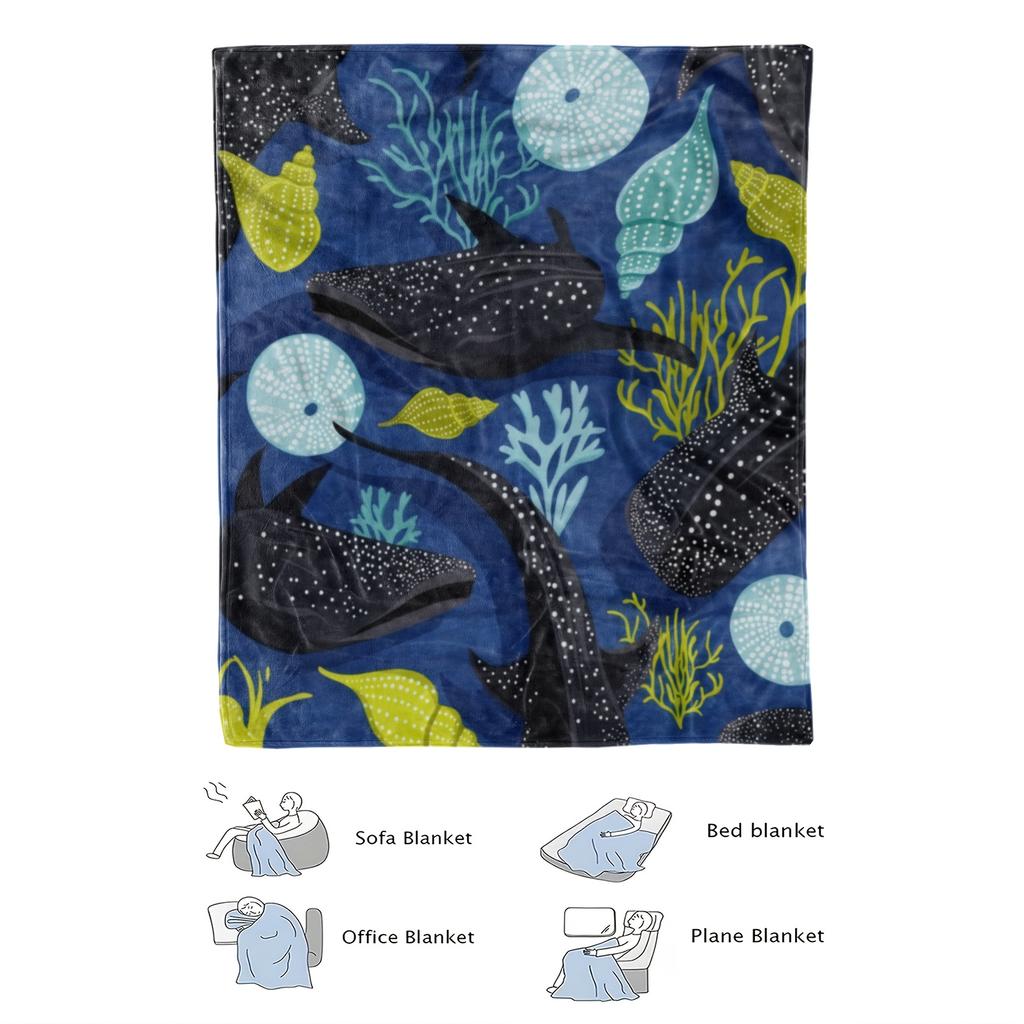 Ocean Life Theme Fleece Blanket - Blue Whale Shark & Sea Turtles Print, Dark Blue with Green Coral Reef Design - Soft Breathable