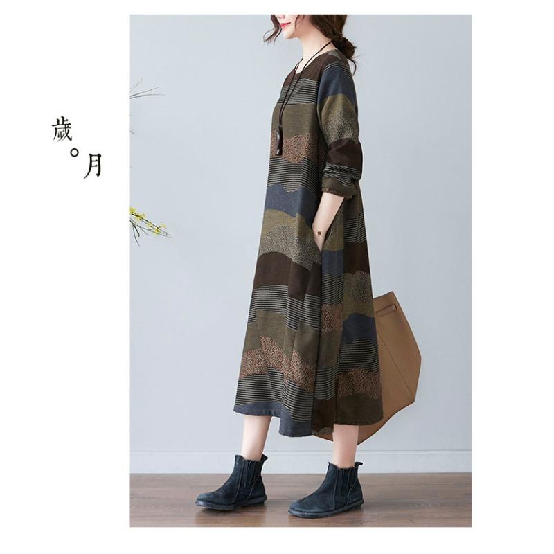 Frühling und Herbst Literarischen Stil Lose Druck Rundhals Langarm Kleid Frau