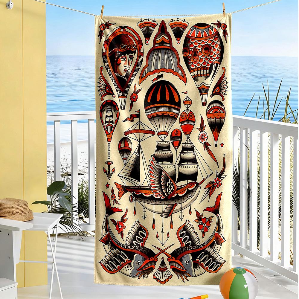 Tattoo Style Beach Towel Quick-Dry Soft Microfiber Comfortable Lightweight Suitable for Sports, Travel, Swimming, Yoga, Bathroom, Beach, And Pool