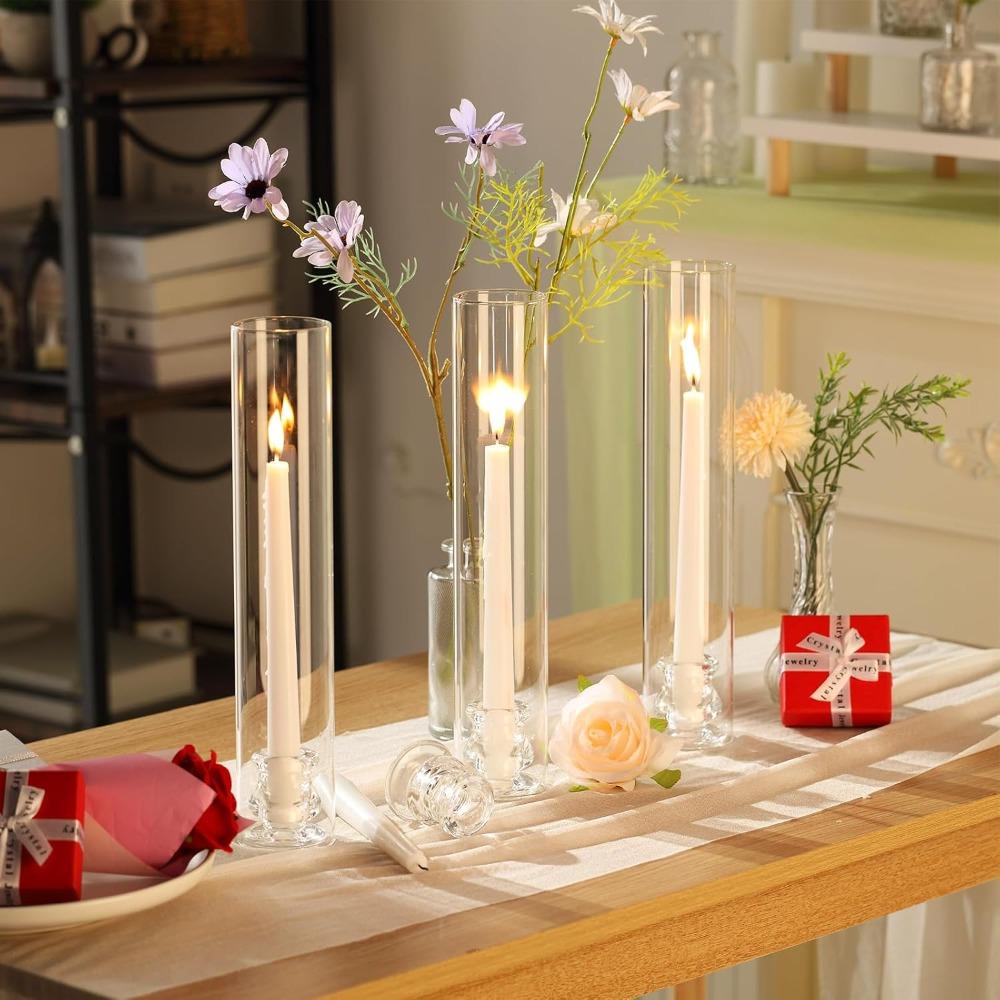 2sets Glass Hurricane Candle Holders Bulk Open Ended Glass Candleholder Tube Shape Bottomless and Taper Clear Candlestick Holders