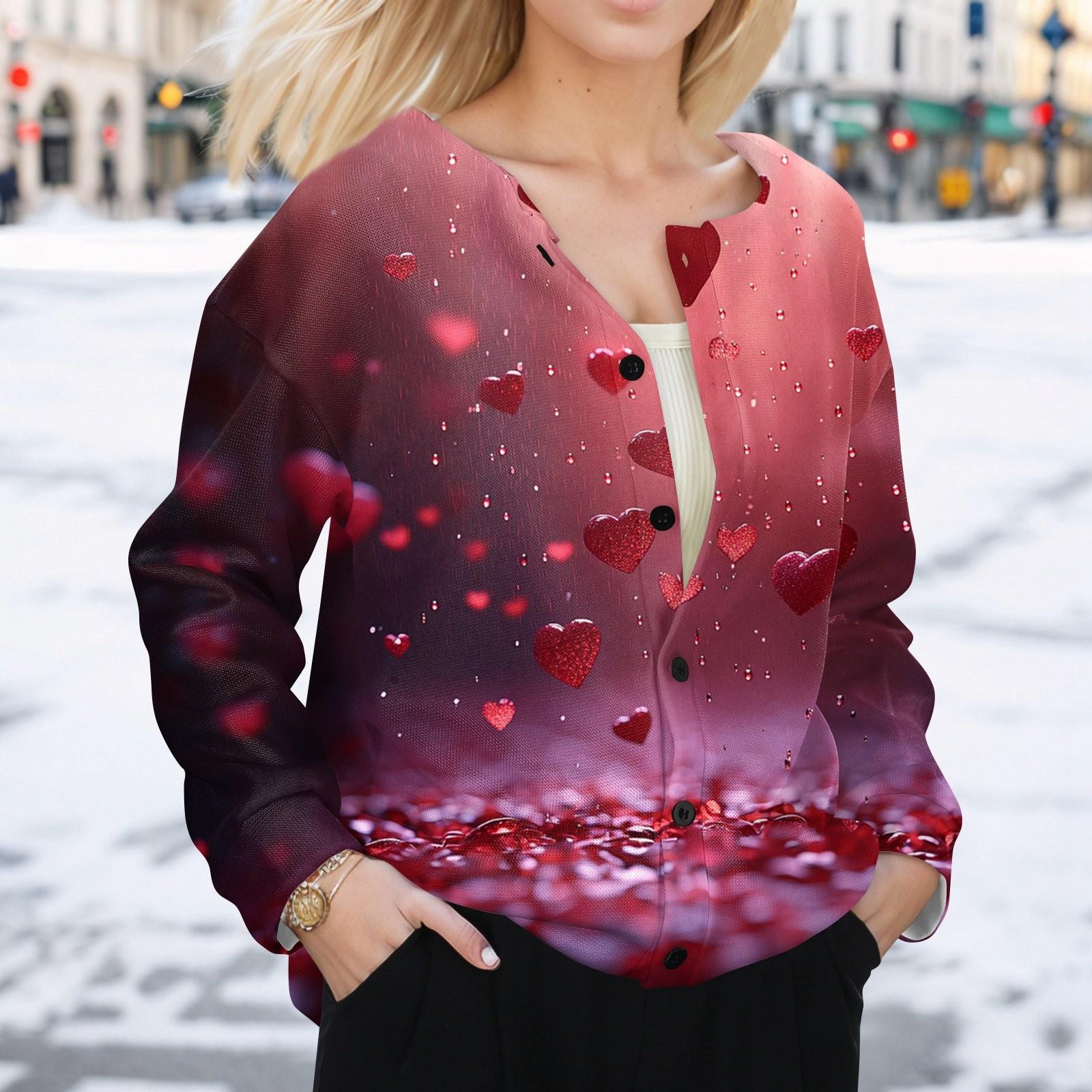 

Женская мода День святого Валентина принтованный длинный рукав кардиган куртка на пуговицах XL винный