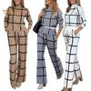 2 pezzi/set pantaloni da donna, top e pantaloni, colletto alto, stampa scozzese, maniche lunghe, camicetta ampia, pantaloni larghi a vita alta elastici con tasche, OL
