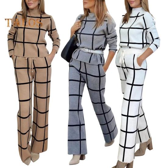 2 pezzi/set pantaloni da donna, top e pantaloni, colletto alto, stampa scozzese, maniche lunghe, camicetta ampia, pantaloni larghi a vita alta elastici con tasche, OL