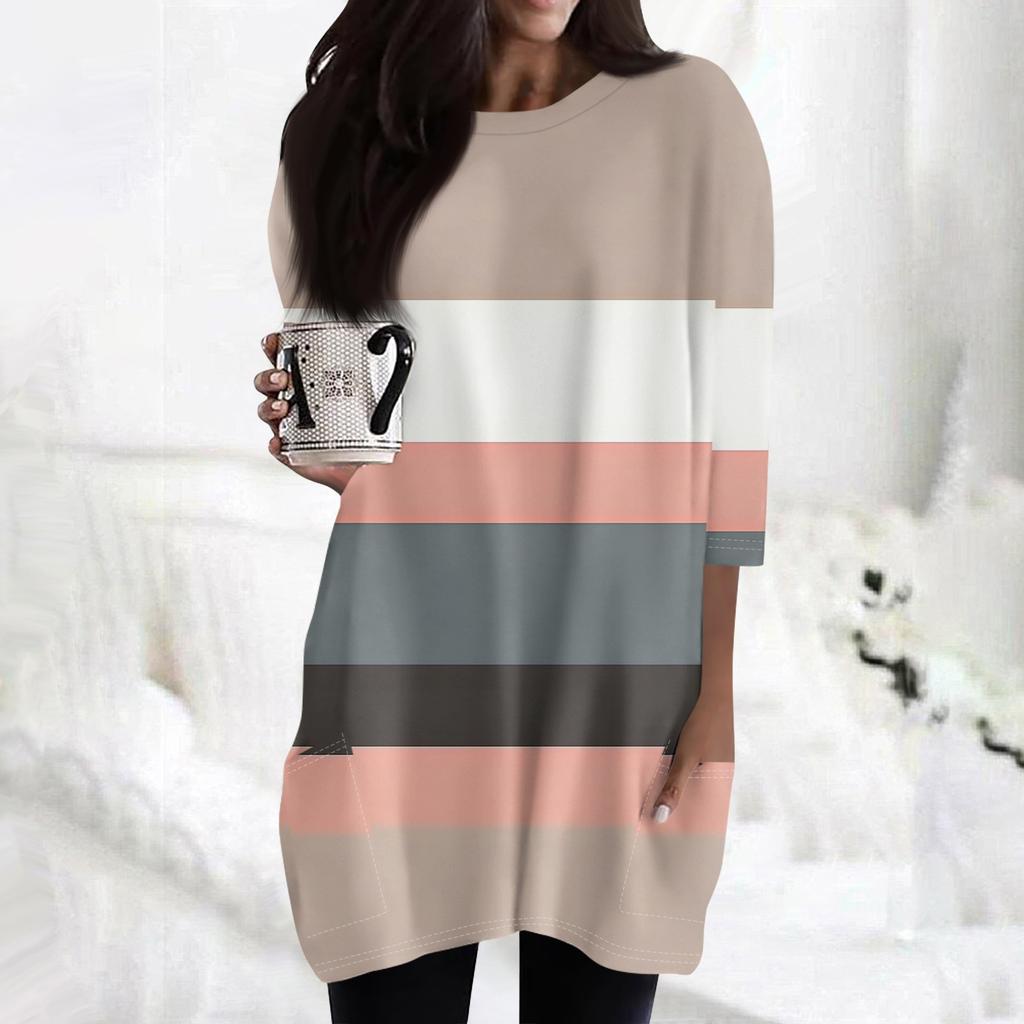 Damenmode Lässig 3/4 Ärmel Print Rundhals Doppelpattentasche T-Shirt Top