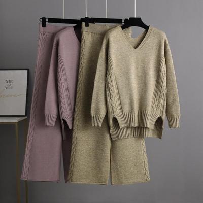 Autumn Winter V Neck Solid Color New Lazy Wind Knitted Wide Leg Pants Suit Women's Temperament Two Piece Set