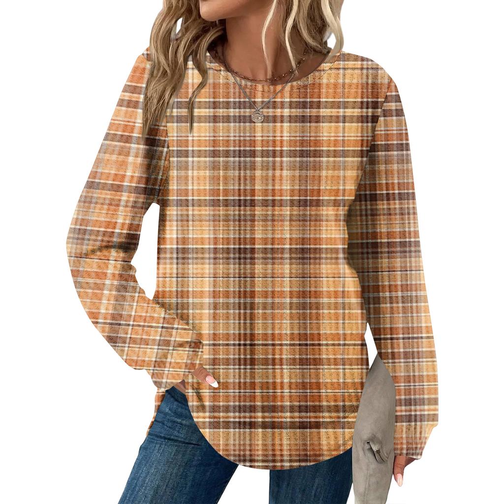 Women's Plaid Print Round Neck Long Sleeve Casual Loose Top