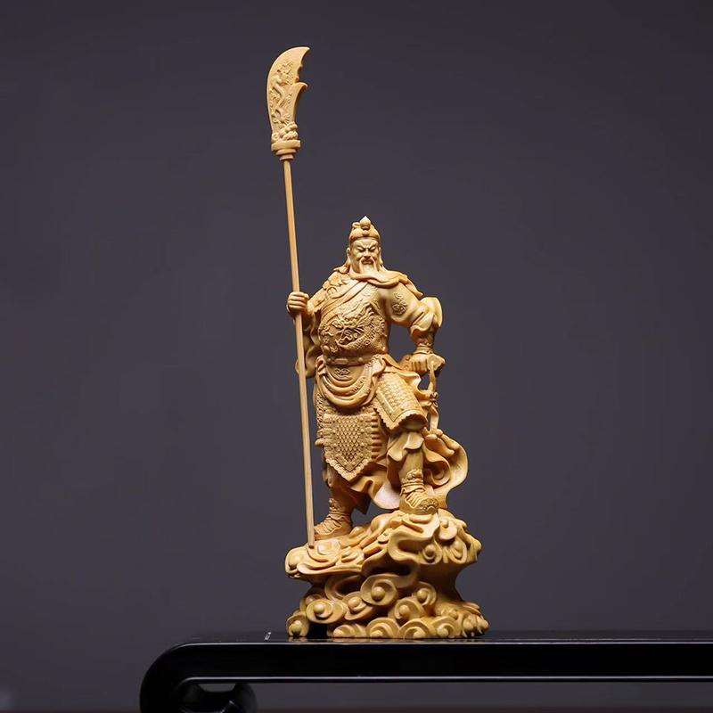 Natural Cypress Character Guan Gong Sculptures and Figurines Solid Wood Carving Home Room Office Wealth Luck Feng Shui Decor