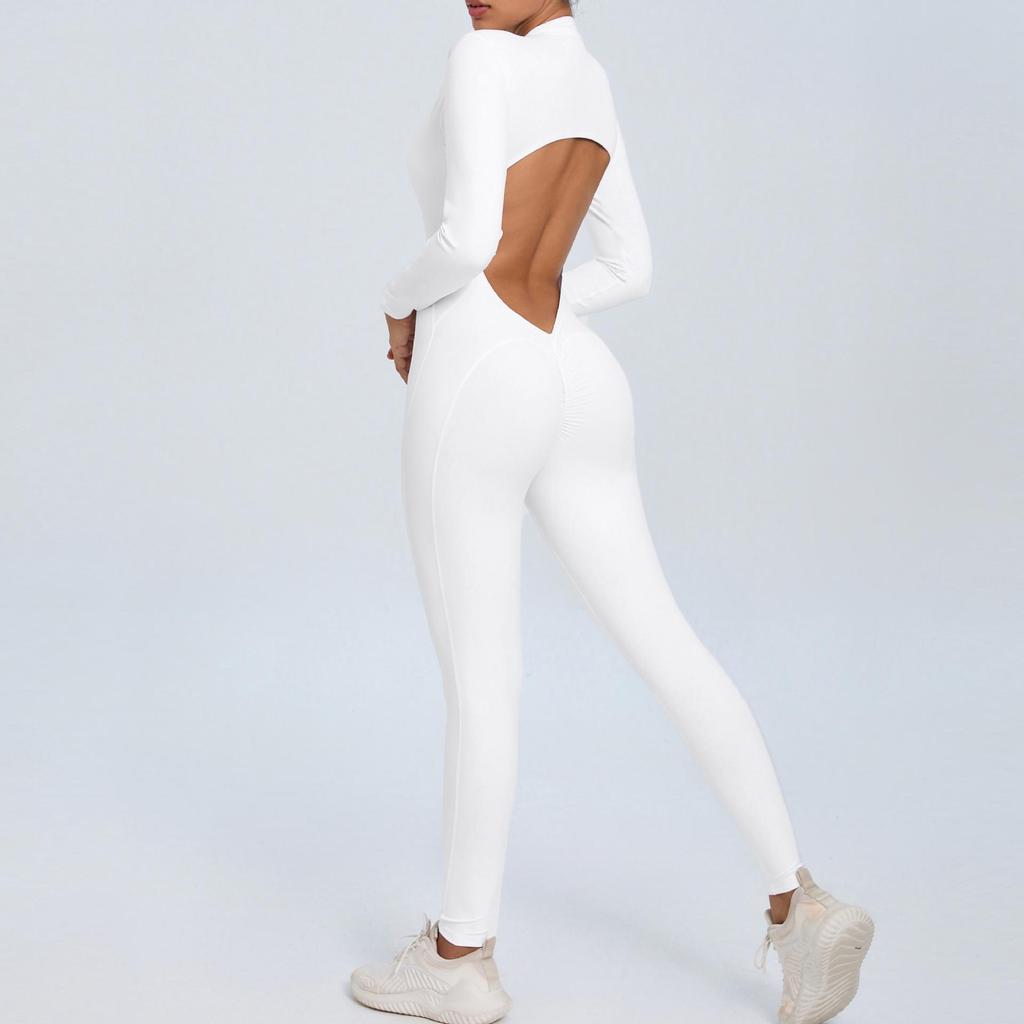 Europäischer & Amerikanischer Yoga-Jumpsuit mit Reißverschluss und langen Ärmeln - Damen Fitness-Body mit Nude-Feeling