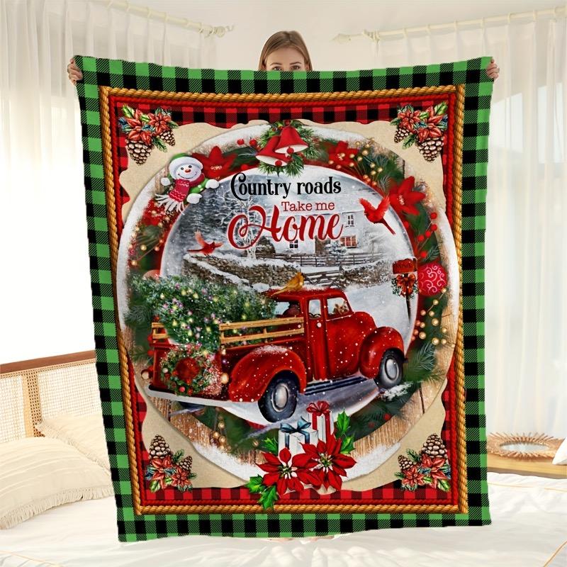 

Cozy Country Roads Take Me Home Red Truck Flannel Blanket - Soft Warm Polyester with Festive Holiday Design 30x40in