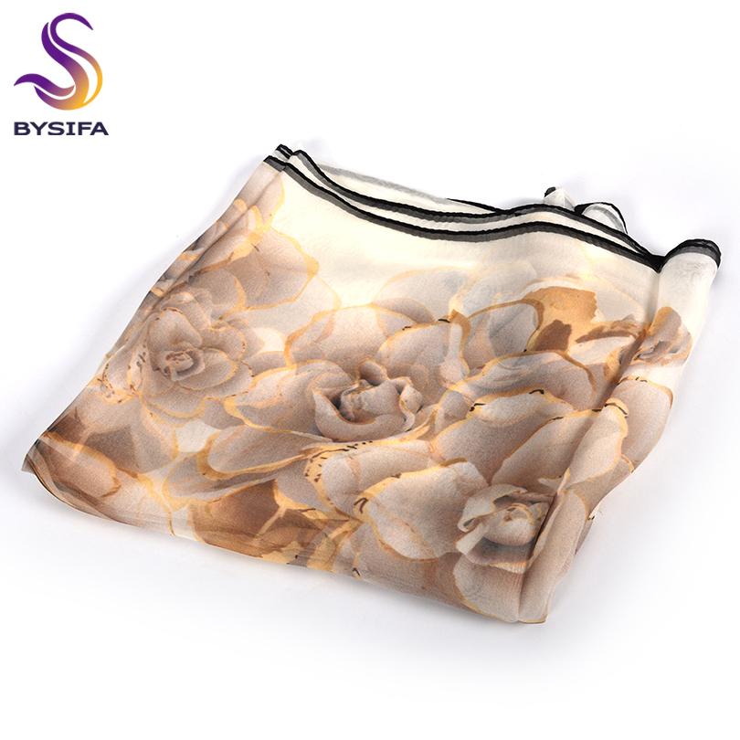[BYSIFA] Female Spring White Chiffon Silk Scarves New Floral Design Long 100% Silk Scarf Shawl Autumn Winter Women Neck Scarf
