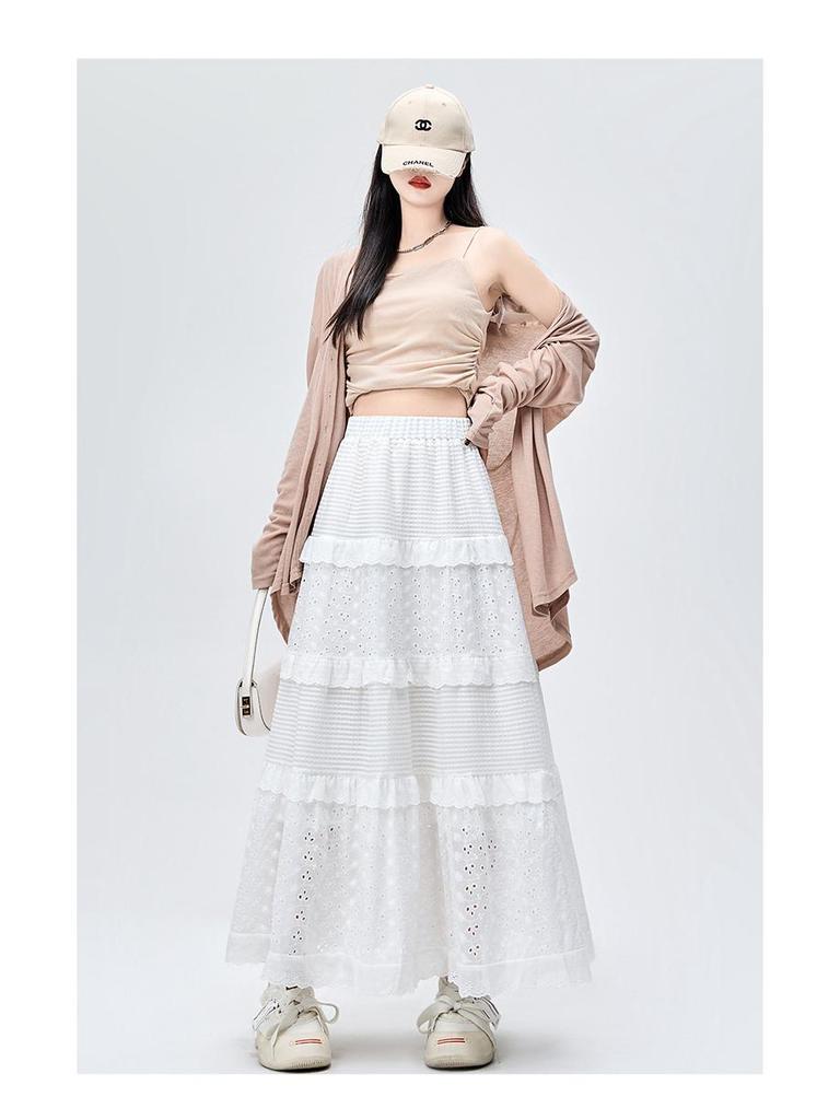 2024 Frühling Damen High-Waist Weiß A-Linien Kuchenrock mit floralem Spitzendesign