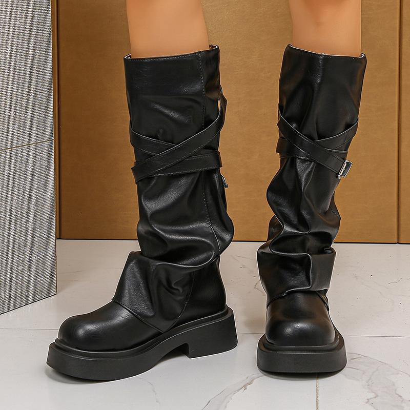 Fashion Fall Winter 2025 Fashion Pleated Knight Boots Buckle Strap Decor PU Leather Mid Calf Botas Mujer Chunky Platform Western Boots