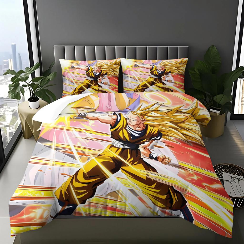 Japanische heiße Anime-Bettwäsche mit G-Goku-Muster, Bettbezug und Kissenbezug, geeignet für Kinder-Jahreszeiten-Schlafzimmerdekoration