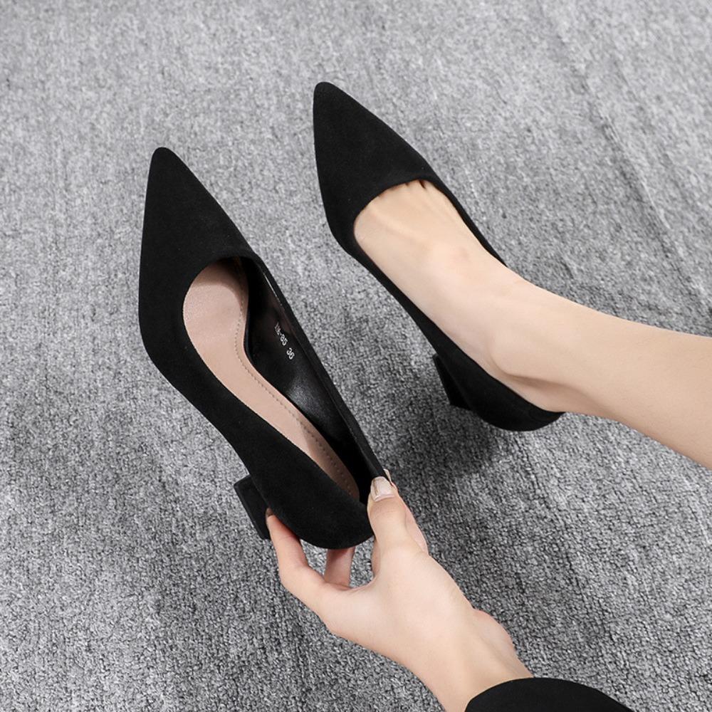 High Heels Women's Spring and Autumn Black Suede Middle Heel Pumps Women's New Pointed Commuter Professional Work Shoes Women
