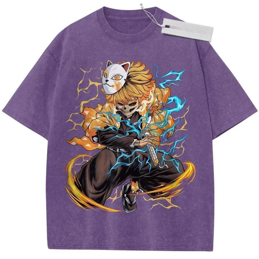 Unisex Washed Black Vintage Tshirt Demon Slayer Kamado Tanjiro Mask Thunder Highquality Fabric for Home Leisure Travel