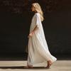 Damen Kurzarm A-Linien Swing Kleid, V-Ausschnitt Plissiert Fließendes Langes Kleid, Sommer Lässig Strandurlaub Sommerkleid