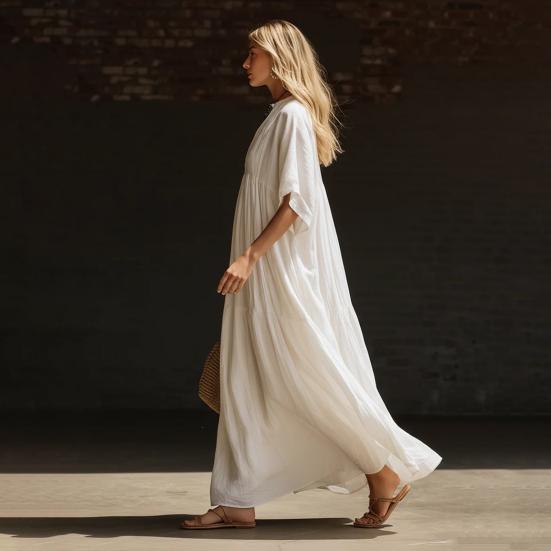 Damen Kurzarm A-Linien Swing Kleid, V-Ausschnitt Plissiert Fließendes Langes Kleid, Sommer Lässig Strandurlaub Sommerkleid