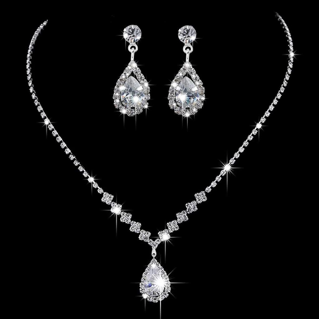 3pcs Women's Zircon Set, Rhinestone Necklace, Earrings, Luxurious Wedding Accessories