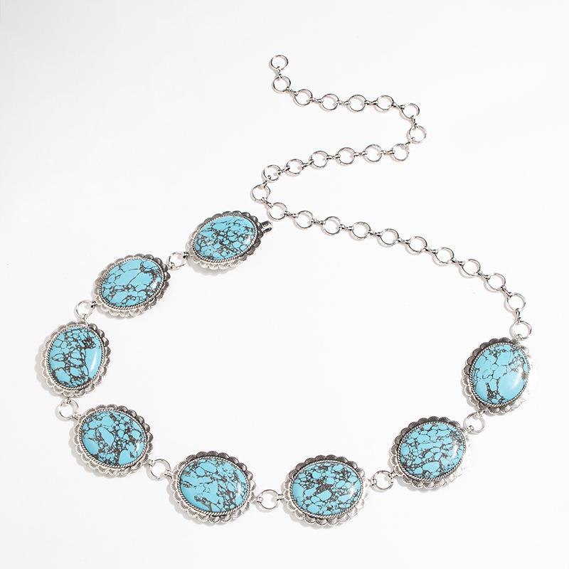 Women's Retro Large Turquoise Heavy Industry Metal Wide Ornate Palace Engraving Round Fashionable Waist Chain